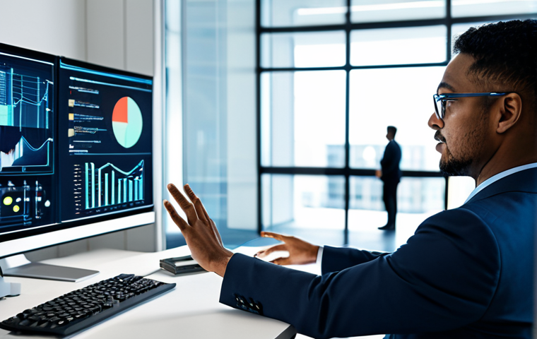 A professional data scientist, of diverse ethnicity, in a modest yet stylish business suit, fully clothed, appropriate attire, standing in a sleek, modern, well-lit office. The scientist is interacting with a large, transparent holographic display, which projects complex data visualizations and algorithmic insights. The scene emphasizes human-AI collaboration and strategic decision-making. The background shows a collaborative workspace with other professionals working diligently. Perfect anatomy, correct proportions, natural pose, well-formed hands, proper finger count, natural body proportions, professional photography, high resolution, soft ambient light, safe for work, appropriate content, family-friendly.
