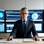 A professional person in a modest business suit, sitting at a modern desk surrounded by multiple computer screens displaying data and information. The person is fully clothed, with appropriate attire, and exhibits a focused yet contemplative expression, subtly conveying the demands of the digital age. The office is brightly lit with a clean, contemporary design. safe for work, appropriate content, fully clothed, perfect anatomy, correct proportions, natural pose, professional photography, high quality, well-formed hands, proper finger count, natural body proportions, professional dress.