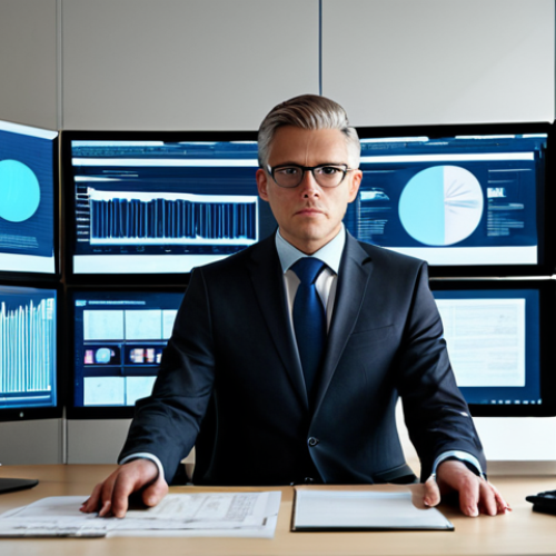 A professional person in a modest business suit, sitting at a modern desk surrounded by multiple computer screens displaying data and information. The person is fully clothed, with appropriate attire, and exhibits a focused yet contemplative expression, subtly conveying the demands of the digital age. The office is brightly lit with a clean, contemporary design. safe for work, appropriate content, fully clothed, perfect anatomy, correct proportions, natural pose, professional photography, high quality, well-formed hands, proper finger count, natural body proportions, professional dress.