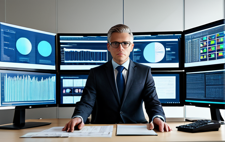 A professional person in a modest business suit, sitting at a modern desk surrounded by multiple computer screens displaying data and information. The person is fully clothed, with appropriate attire, and exhibits a focused yet contemplative expression, subtly conveying the demands of the digital age. The office is brightly lit with a clean, contemporary design. safe for work, appropriate content, fully clothed, perfect anatomy, correct proportions, natural pose, professional photography, high quality, well-formed hands, proper finger count, natural body proportions, professional dress.