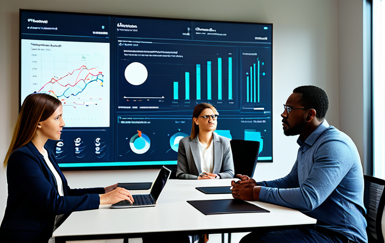 A diverse group of professional individuals, male and female, in modest business casual attire, seated around a large table in a modern, sleek office meeting room. They are engaged in a thoughtful discussion, with some looking at abstract, glowing data visualizations on a large screen that subtly hints at algorithmic influences and filter bubbles. The atmosphere suggests a complex interplay between human perception and digital information. The scene is well-lit and professional. fully clothed, appropriate attire, safe for work, perfect anatomy, correct proportions, natural pose, well-formed hands, proper finger count, natural body proportions, professional photography, high quality, appropriate content, family-friendly.
