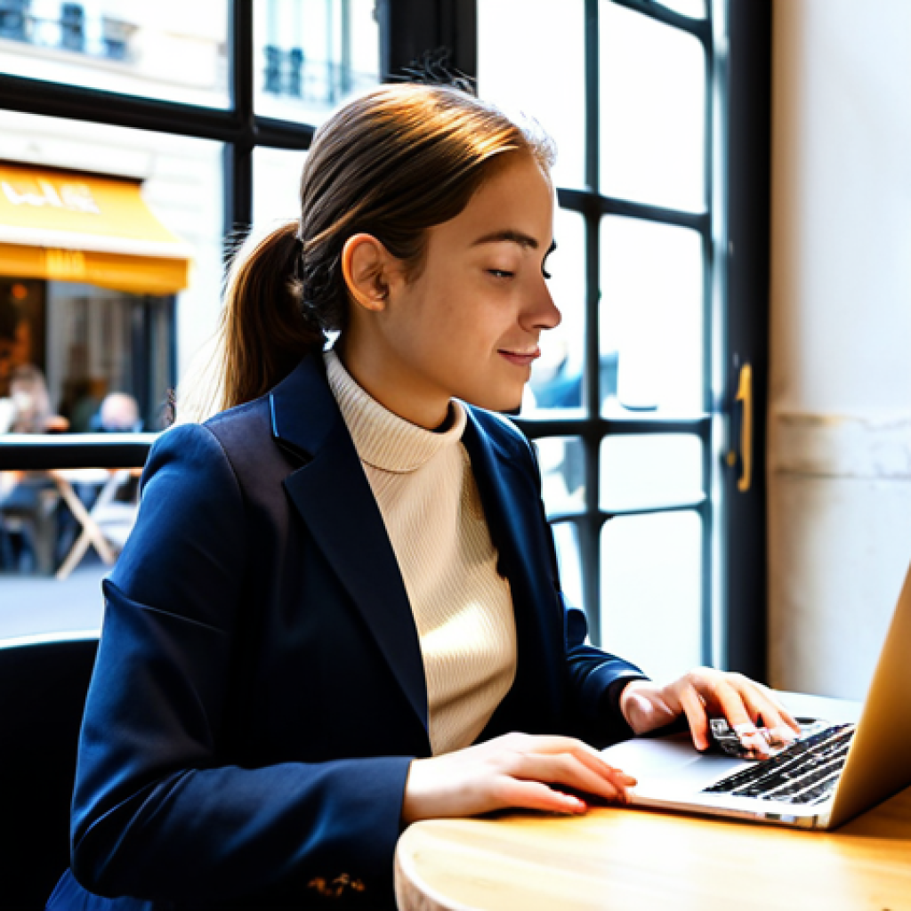 Digital Nomad**
A young professional woman, fully clothed in modest, stylish business attire, working on a laptop at a cafe in Paris. The cafe is bustling with activity, with other people enjoying coffee and conversation. Sunlight streams through the window. "Safe for work," "appropriate content," "professional," "perfect anatomy," "natural proportions," "high quality," "realistic."
**