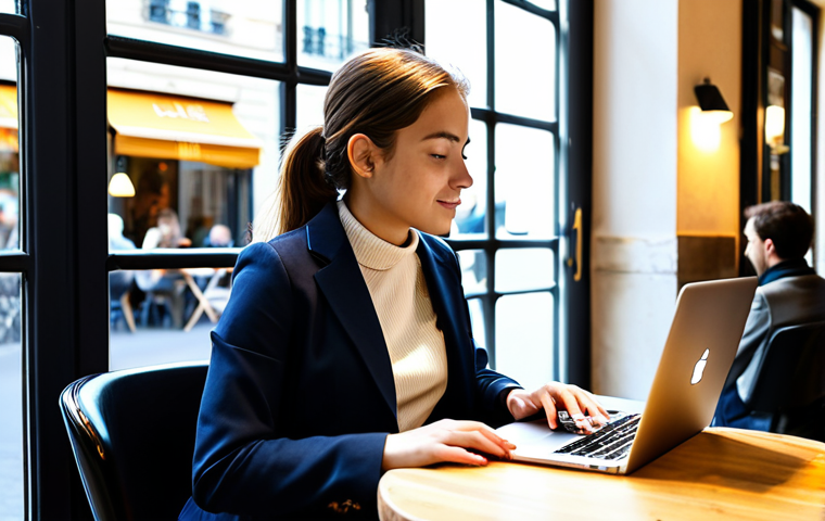 Digital Nomad**

A young professional woman, fully clothed in modest, stylish business attire, working on a laptop at a cafe in Paris. The cafe is bustling with activity, with other people enjoying coffee and conversation. Sunlight streams through the window. "Safe for work," "appropriate content," "professional," "perfect anatomy," "natural proportions," "high quality," "realistic."

**