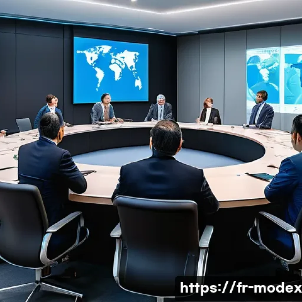 윤리적 AI 개발을 위한 글로벌 협력 - A diverse group of international policymakers and AI experts seated around a large round table in a ...