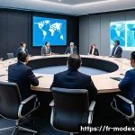 윤리적 AI 개발을 위한 글로벌 협력 - A diverse group of international policymakers and AI experts seated around a large round table in a ...