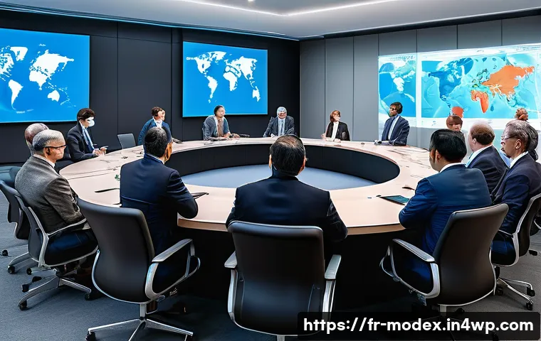 윤리적 AI 개발을 위한 글로벌 협력 - A diverse group of international policymakers and AI experts seated around a large round table in a ...