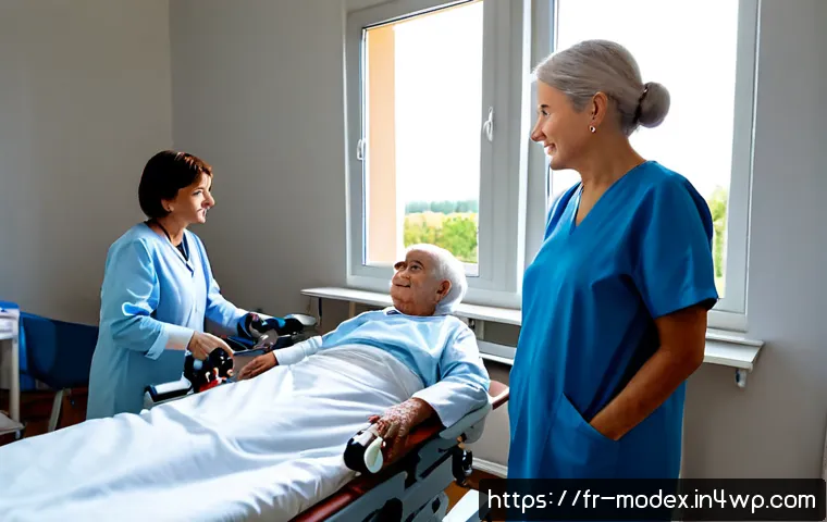 인간 기술 공존의 성공 사례 분석 - Photorealistic modern French hospital rehabilitation room, an elderly French patient in comfortable ...